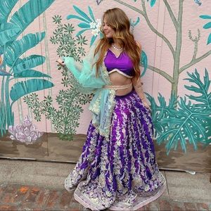 Purple and Mint Embroidered Silk Lehenga